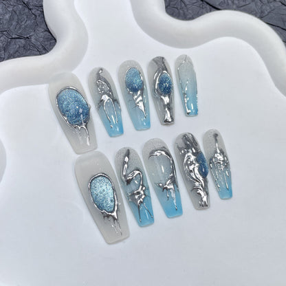 Heavy industry  cat eye sapphire blue three-dimensional metal handmade press-on nails transparent blue gradual change sticker｜365nails