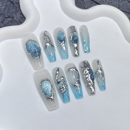 Heavy industry  cat eye sapphire blue three-dimensional metal handmade press-on nails transparent blue gradual change sticker｜365nails