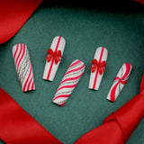 Unhas postiças com laço vermelho extra longo, unhas postiças listradas de doces de Natal com glitter ｜365nails