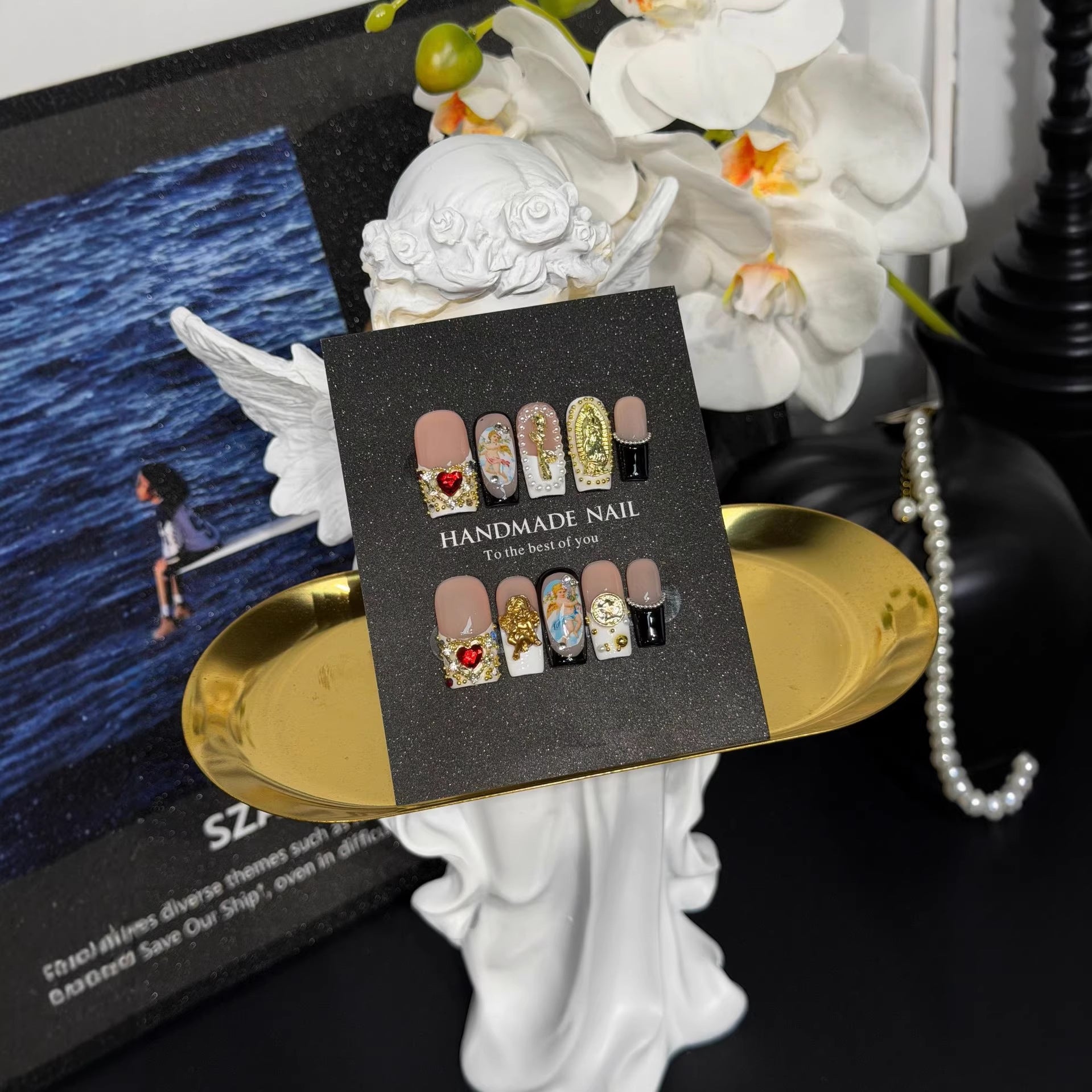 365nails: "Gilded Bloom" – 3D Floral Handmade Almond Nails