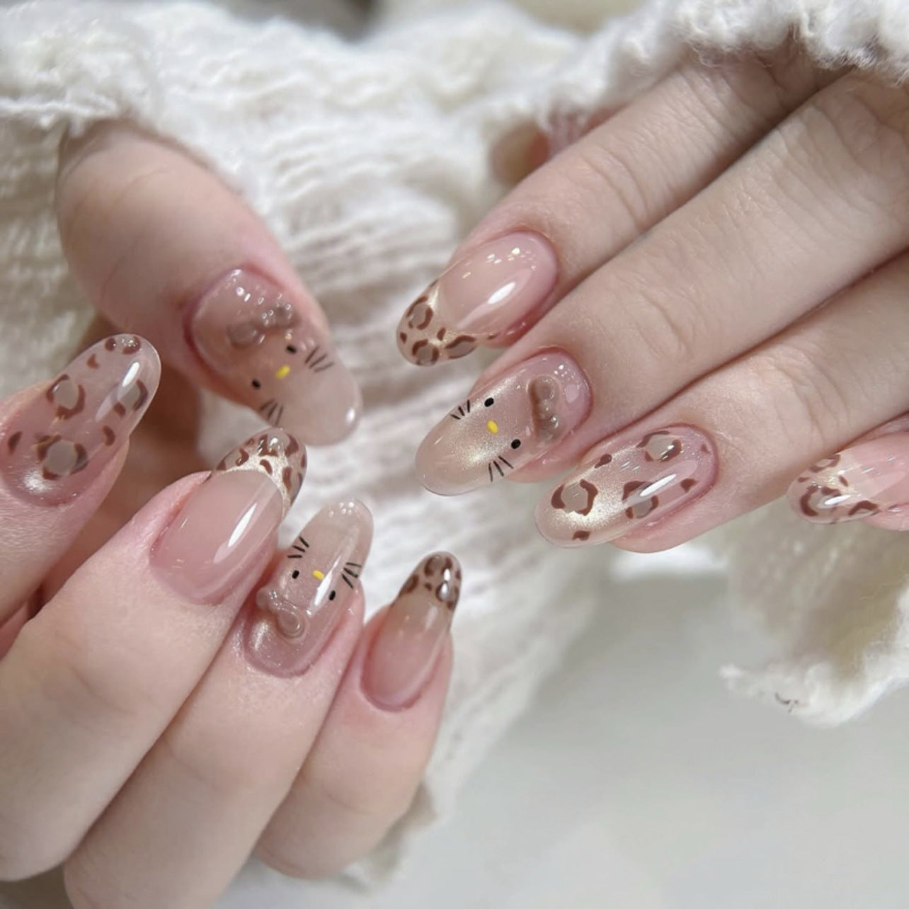 Leopard Nude Gradient Nails with Cute Animal Detail