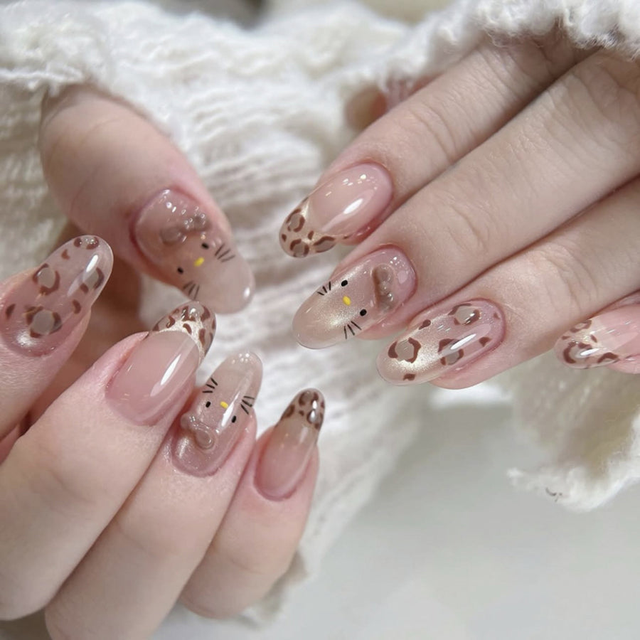 Leopard Nude Gradient Nails with Cute Animal Detail