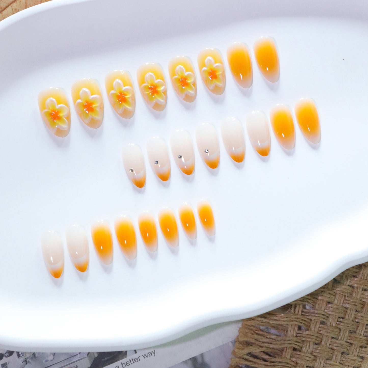 3D flower short almond French removable press-on nails