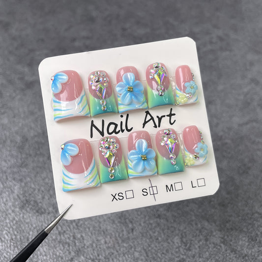 Duck bill nail ice transparent French three-dimensional blue flower hand-painted nail patch personalized press-on nails pure handmade｜365nails