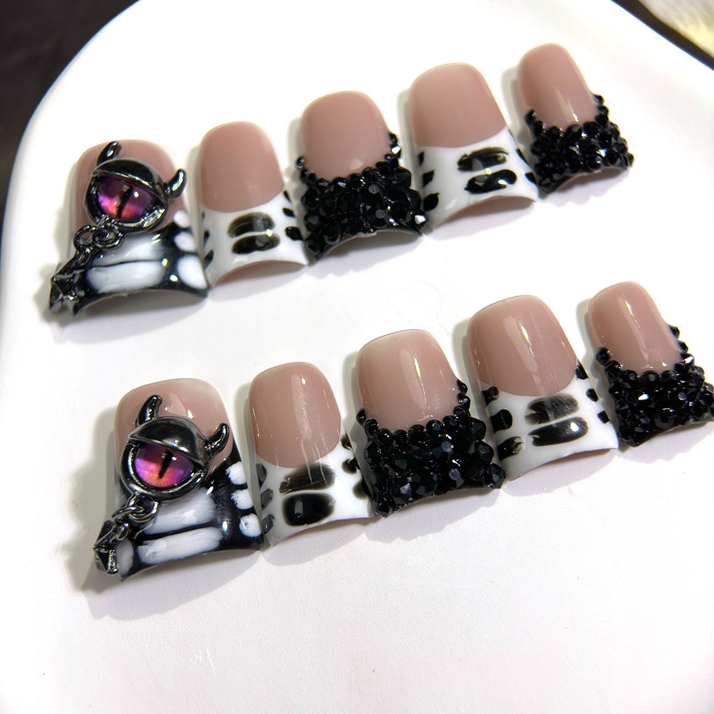 Black White Gothic Eye Crystal Press On Nails