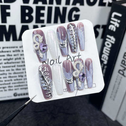 Adesivo de unha mágico em pó com espelho aquarela feito à mão, dragão tridimensional, adesivo de unha longo para uso no ano todo ｜365nails
