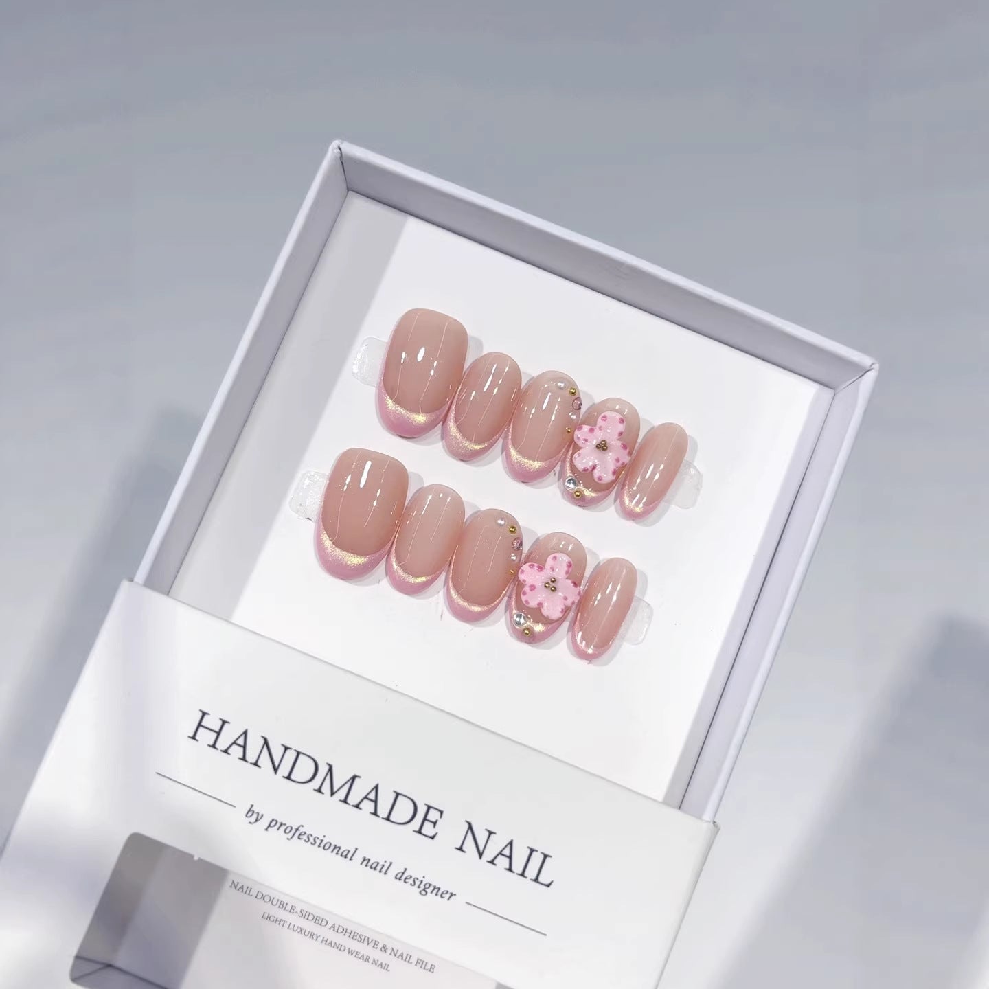 Sakura French: "Pink Flower & Magnetic Cat Eye" – Short Square Press-On Nails