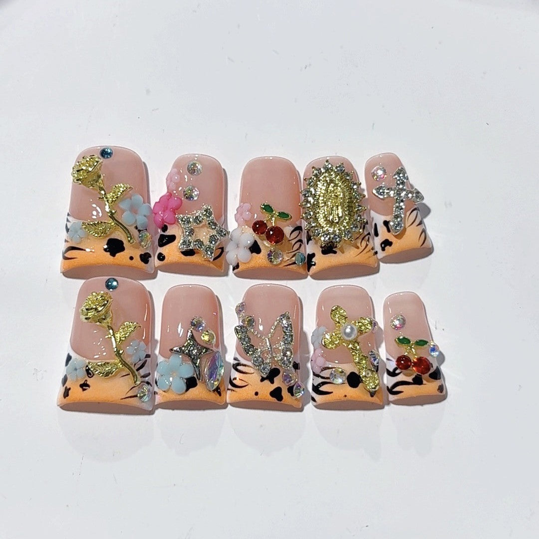 Gothic Y2K: "Leopard & Charm" – Square Press-On Nails