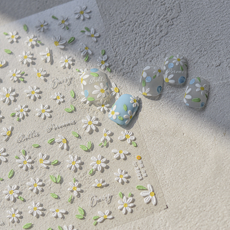 清新綠葉雛菊系列：「可愛雛菊與葉子」— 3D 浮雕甲貼