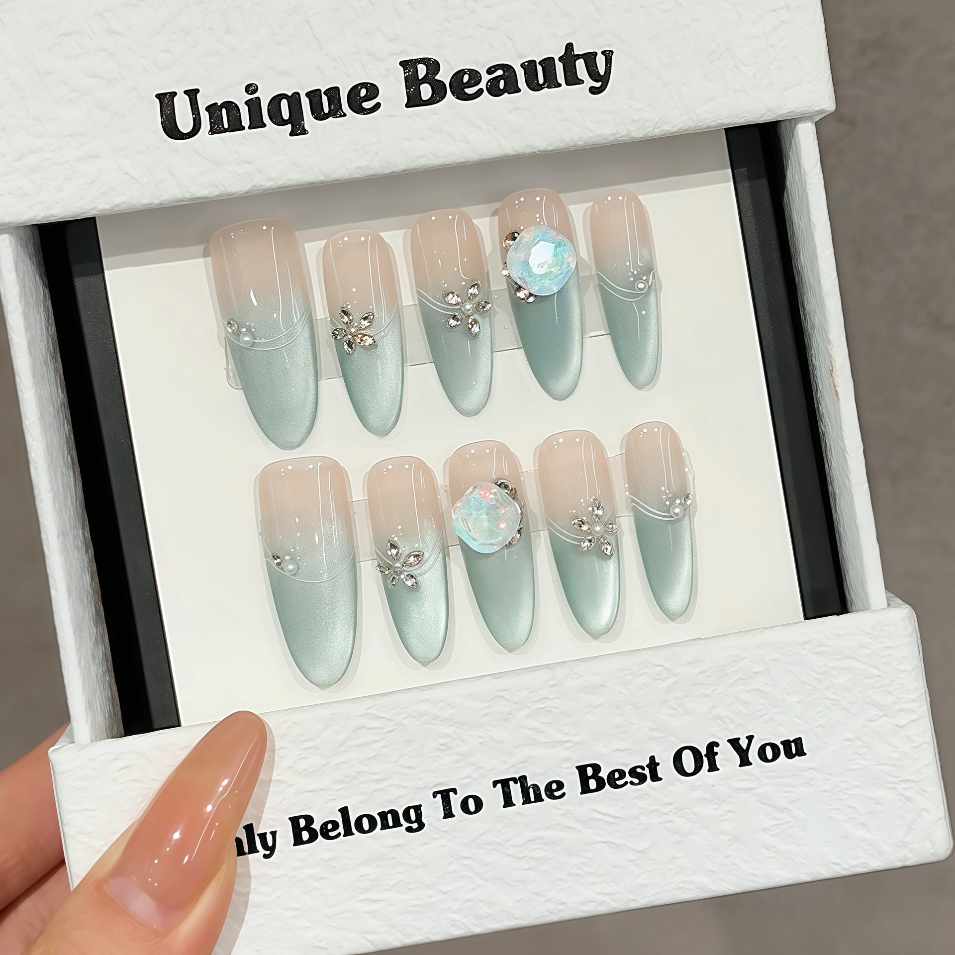 365nails: "Aurora Whisper" – Handcrafted Mint Ombre & Crystal Accents Almond Nails