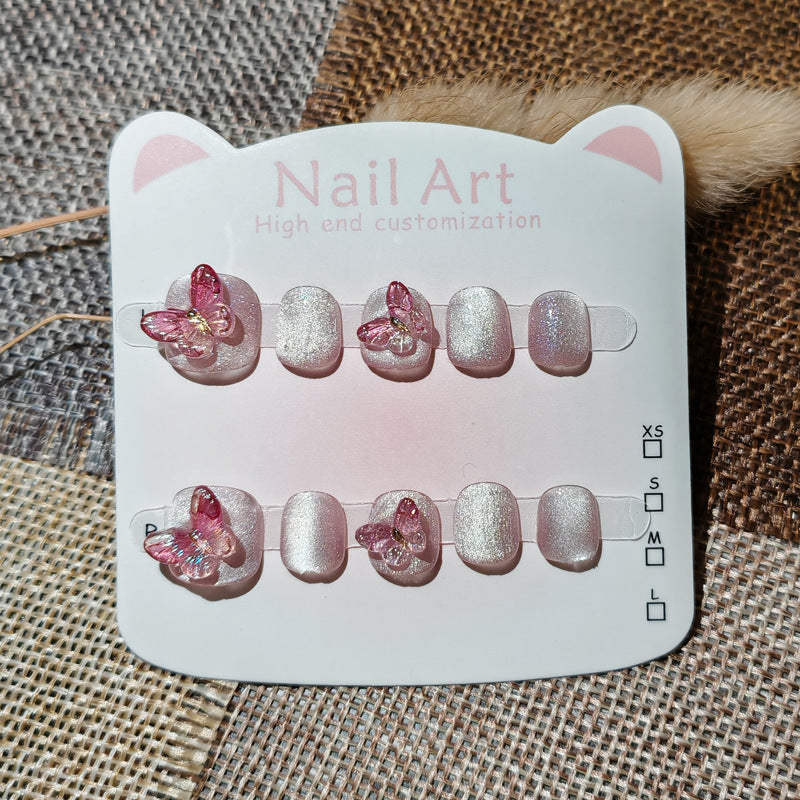 365nails:「極光粉蝴蝶」短款方圓形手工製兒童穿戴甲
