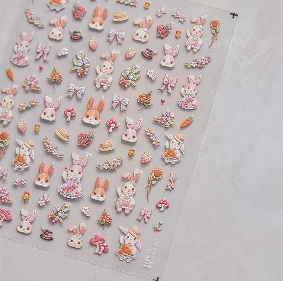 Floral Bunny Garden: "Spring Bunny Picnic" – 5D Embossed Nail Sticker