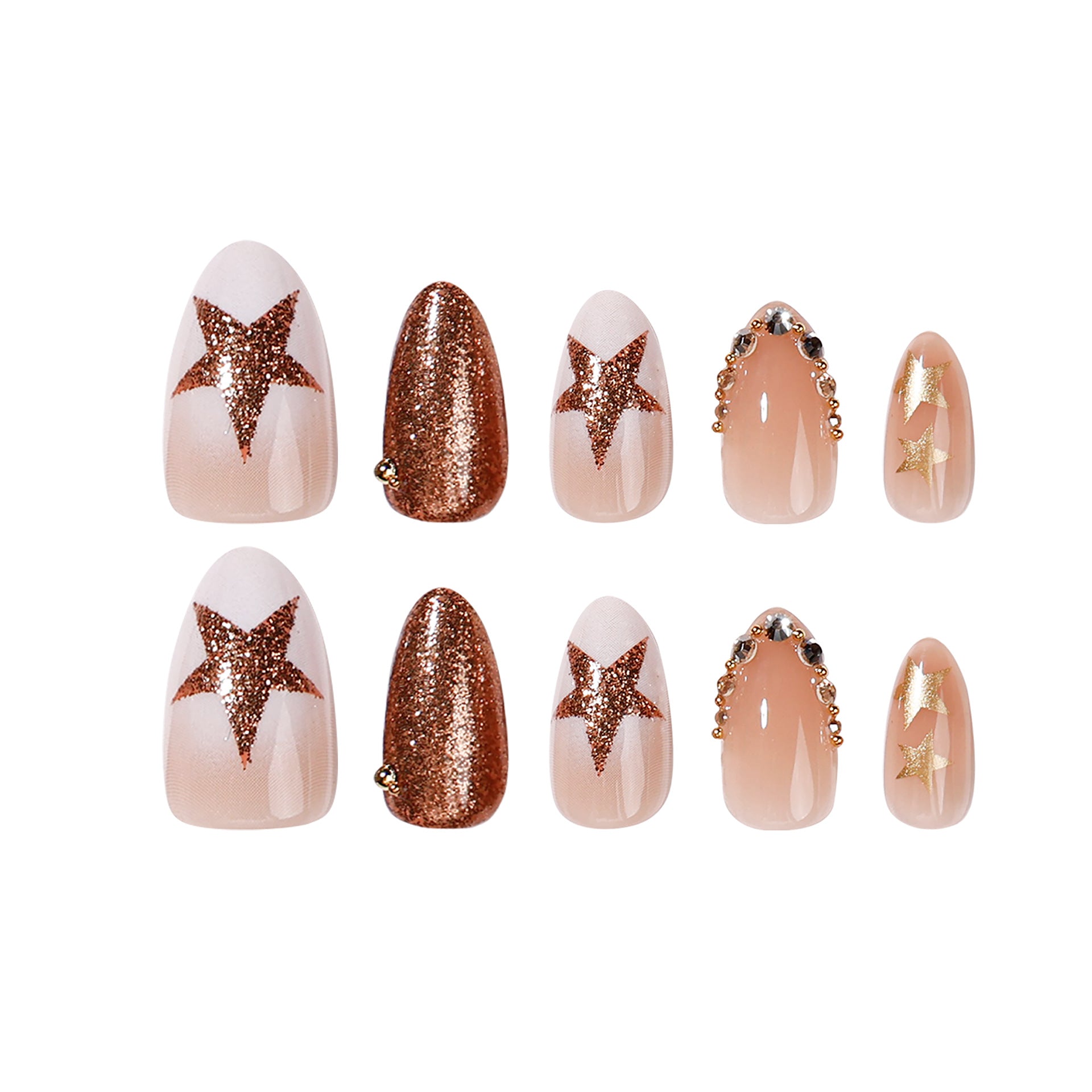 365nails: "Bronze Star Ombre Almond" – Rhinestone Chain Press-on Nails