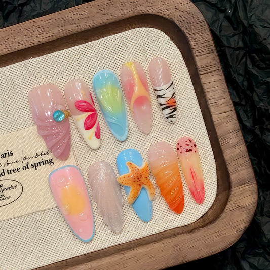 island vacation style wearing three-dimensional starfish fake nails Epoxy shell hand pinching flowers | 365nails