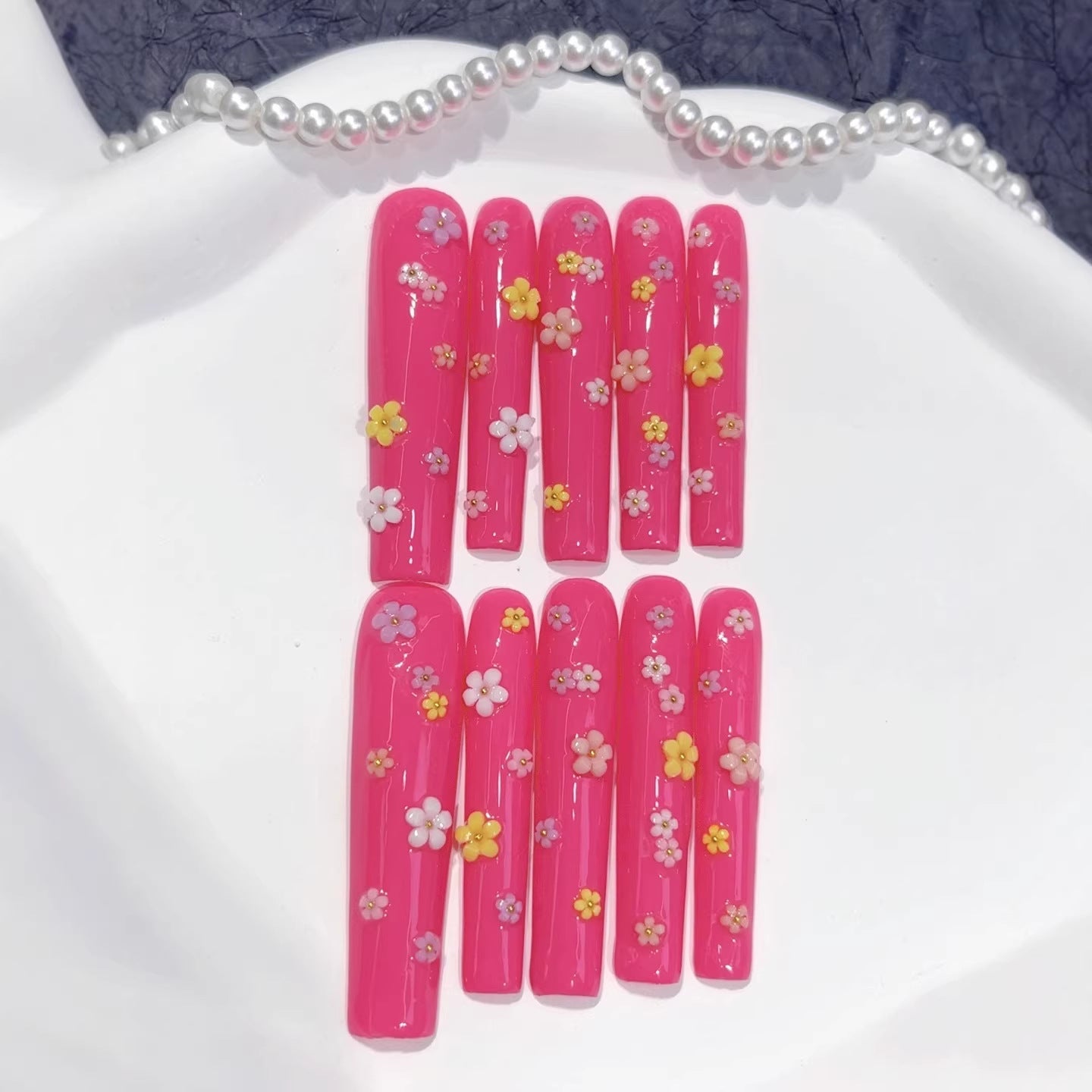 365nails: "Pink Blossom Fantasy" – Extra Long Square Hot Pink 3D Flower Handmade Press-On Nails