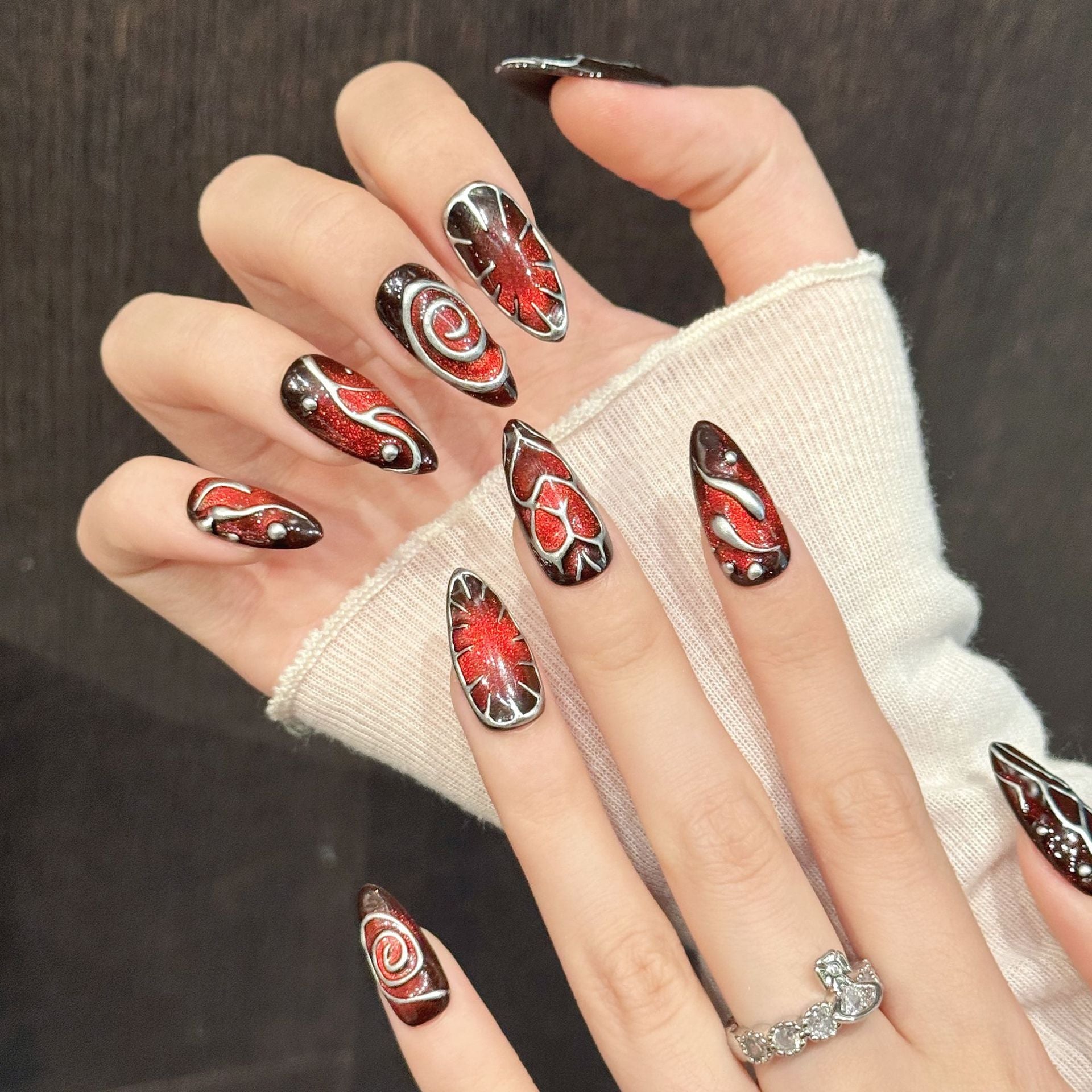 365nails: "Crimson Spell" – 3D Abstract Swirl Handmade Stiletto Nails