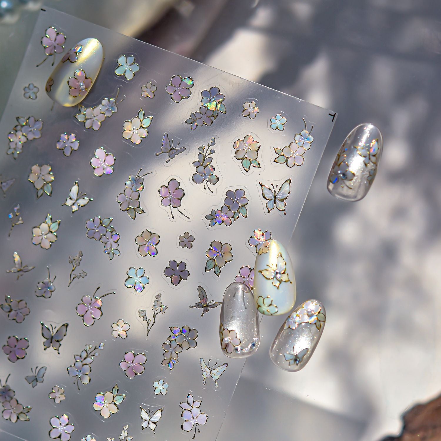 Iridescent Cherry Blossom & Butterfly Collection: "Ethereal Petal" – 3D Holographic Nail Sticker