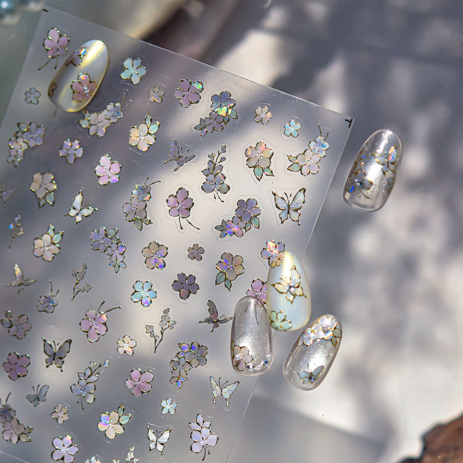 Iridescent Cherry Blossom & Butterfly Collection: "Ethereal Petal" – 3D Holographic Nail Sticker