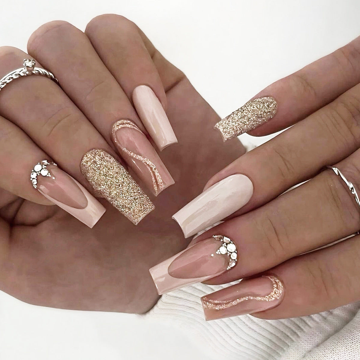 Ongles press-on en gros paillettes françaises couleur unie manucure échelle longue simple pièce d'ongle faux ongle｜365nails