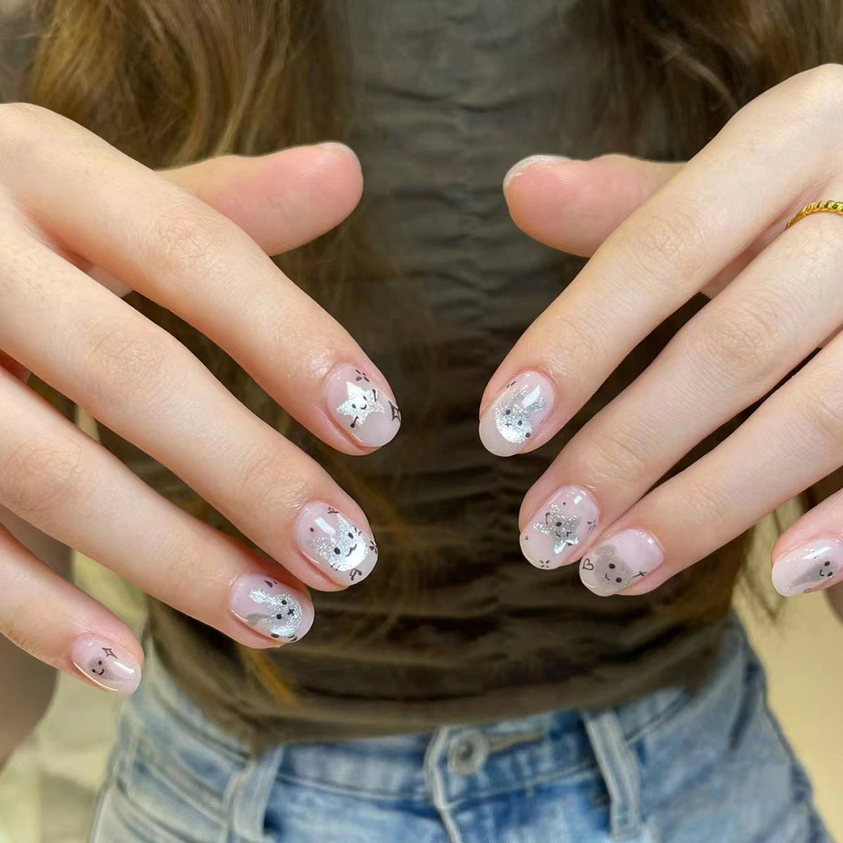 Mini unhas curtas de pressão, unhas de coelho fofas de desenho animado, peça de unha com glitter de estrela, unhas de amor, peça de unha, atacado｜365 unhas