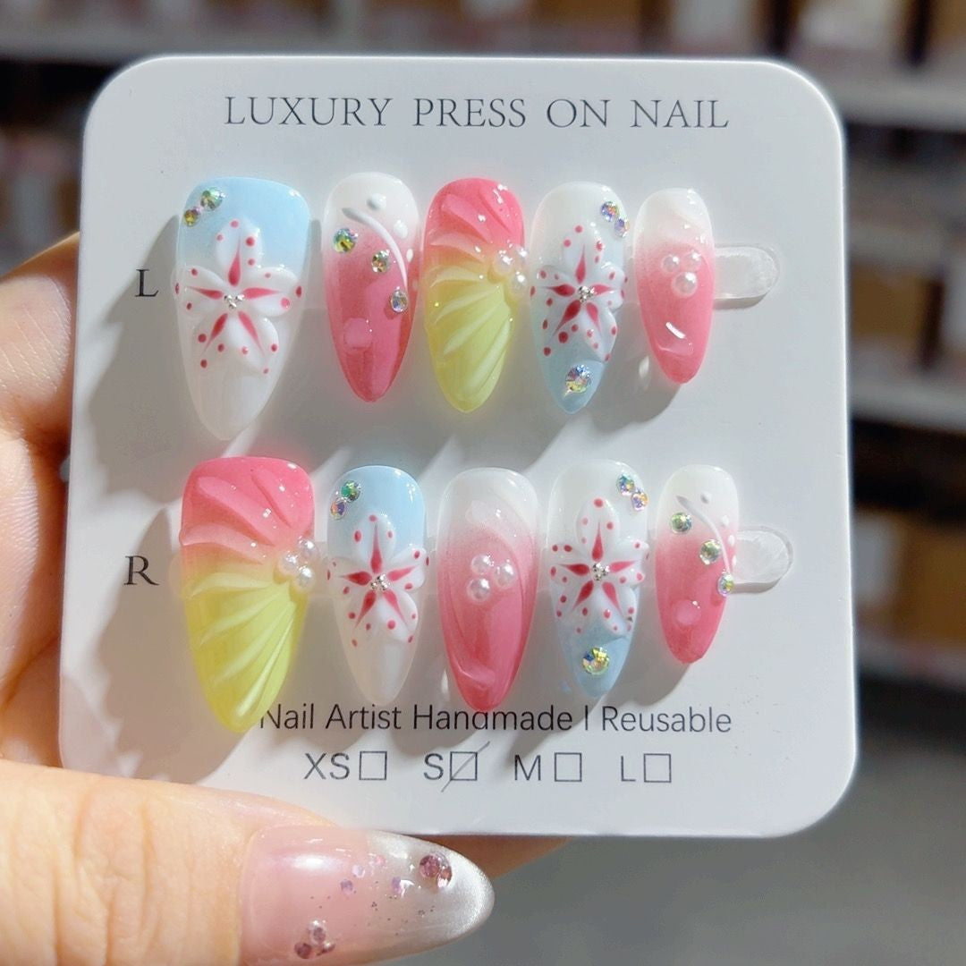 365nails-Ocean Breeze: "Coral Starfish" – Almond Shape Handmade 3D Carved Press-On Nails