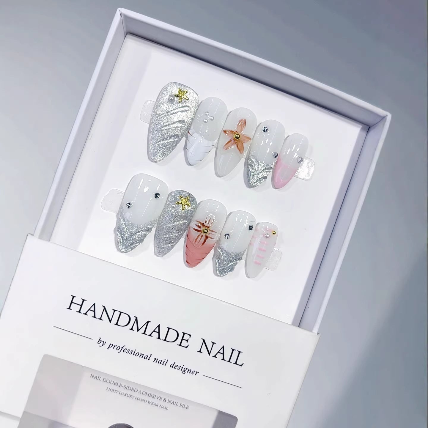 Ocean Star: "Silver Glitter Flower" – Almond Shape Handmade Press-On Nails