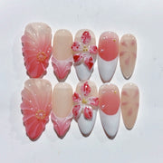 365nails: 코랄 사쿠라 그라데이션 – 미디엄 아몬드형 핑크 꽃무늬 수제 프레스온 네일