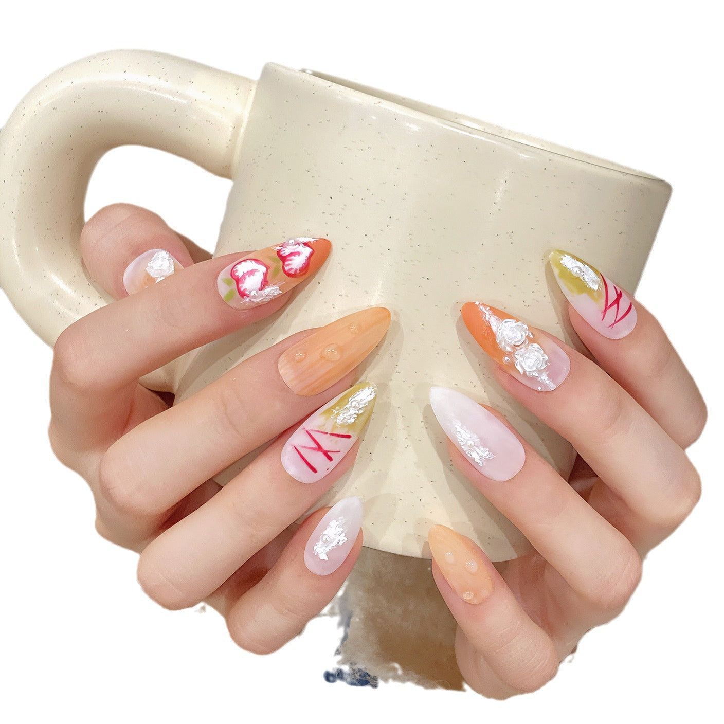 Pure handmade manicure Internet celebrity nail early spring fresh girl rose fake nails white fairy wear | 365nails