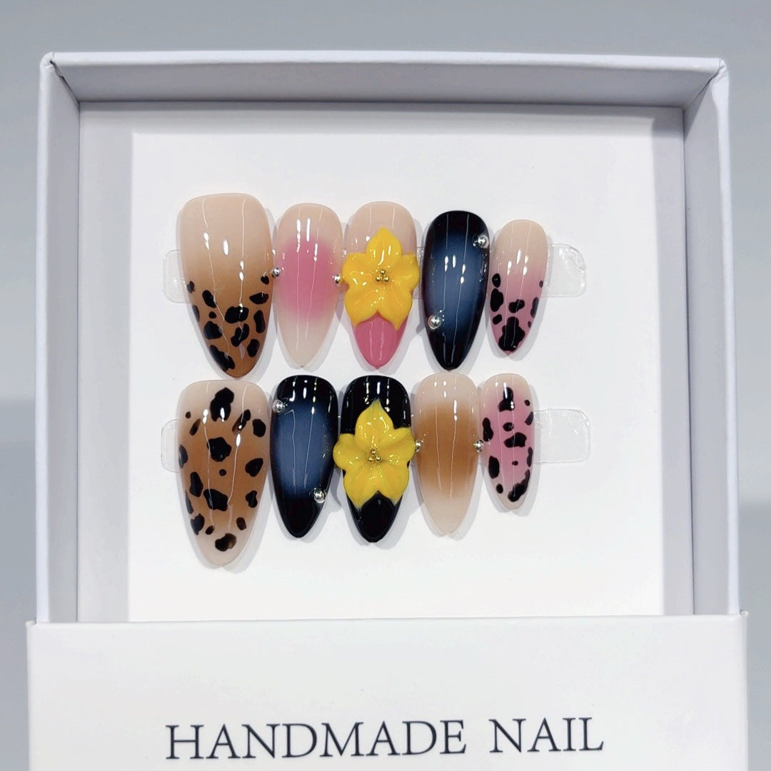 Wild Bloom: "Leopard & Flower" – Medium Almond Handmade Press On Nails