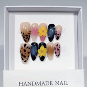 Wild Bloom: "Leopard & Flower" – Medium Almond Handmade Press On Nails