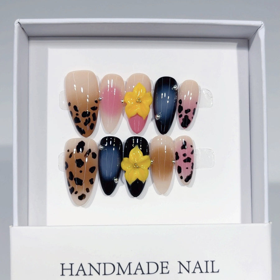 Wild Bloom: "Leopard & Flower" – Medium Almond Handmade Press On Nails