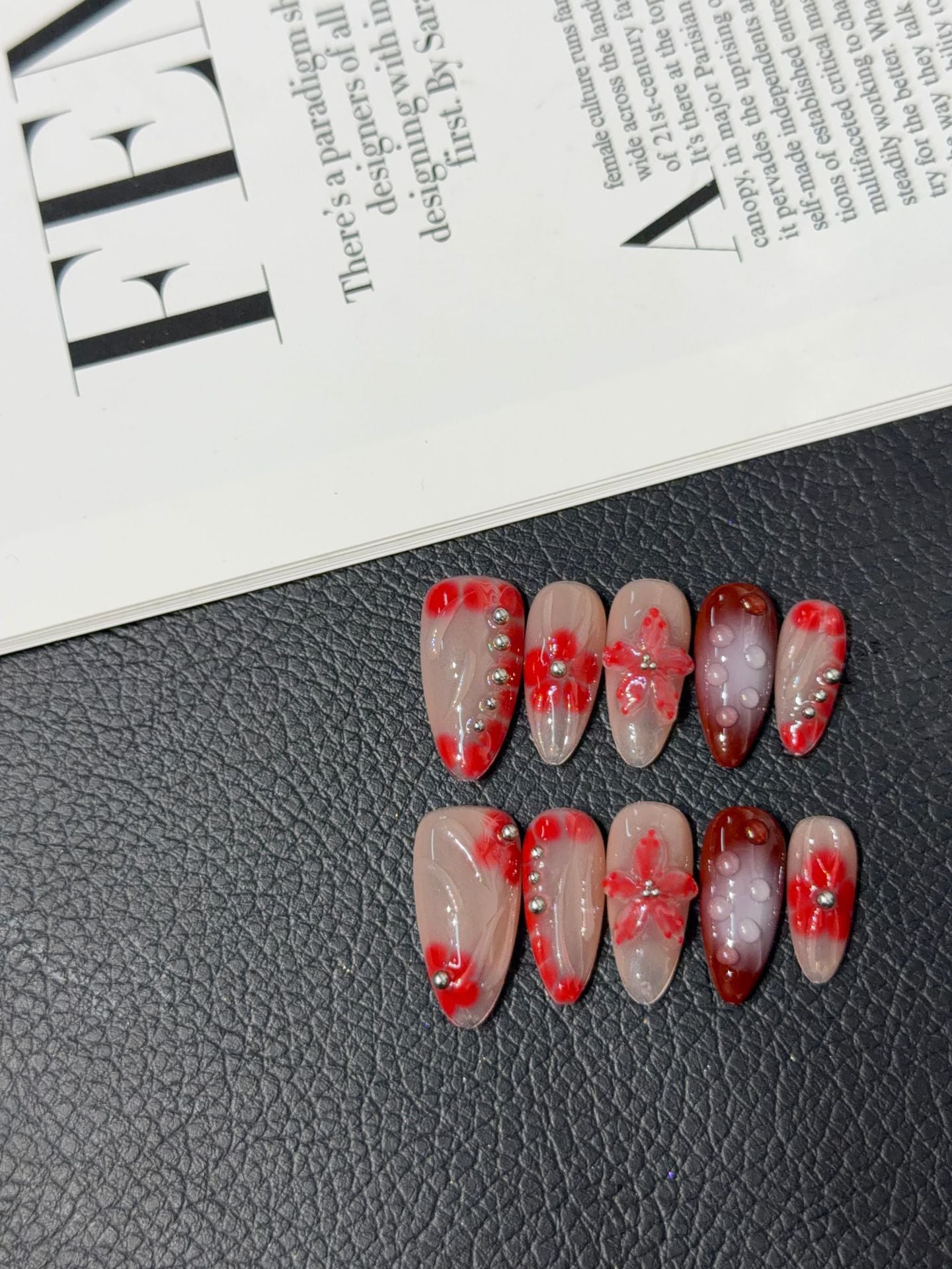 365nails: "Bloody Rose" – 3D Floral & Marble Handmade Almond Nails