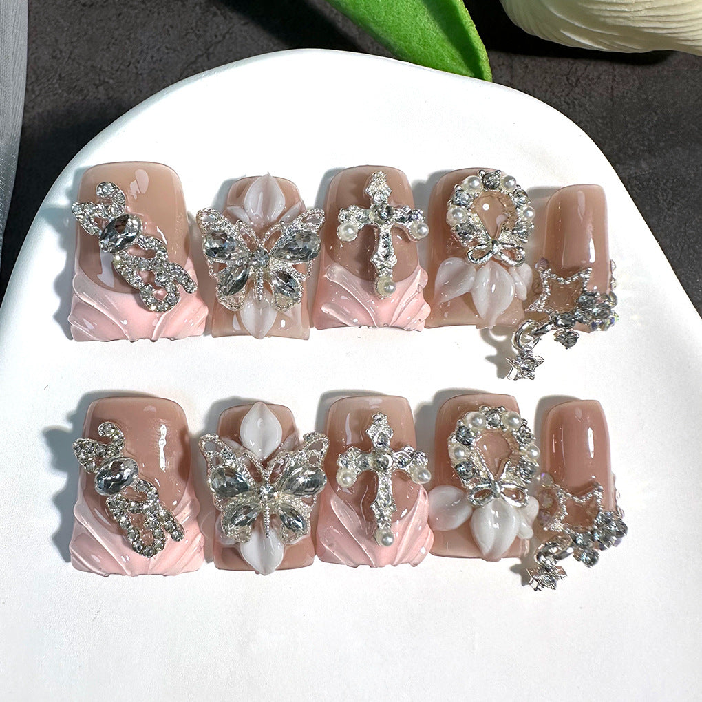 Blush Nude Butterfly Crystal Press On Nails