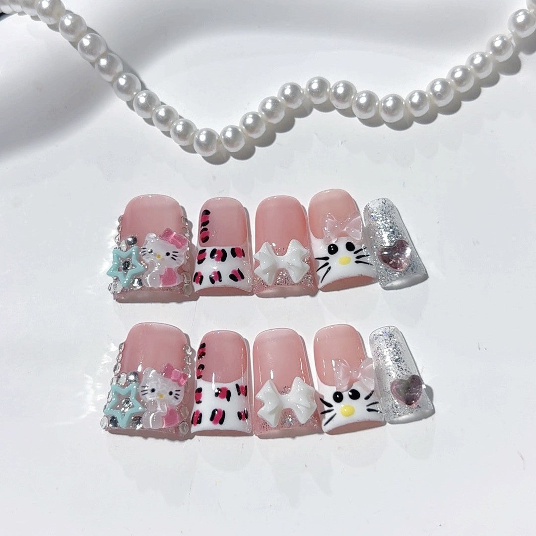 Sweet Kitty Series: "Pink Starry Kitty" – Short Square Handmade Press-on Nails