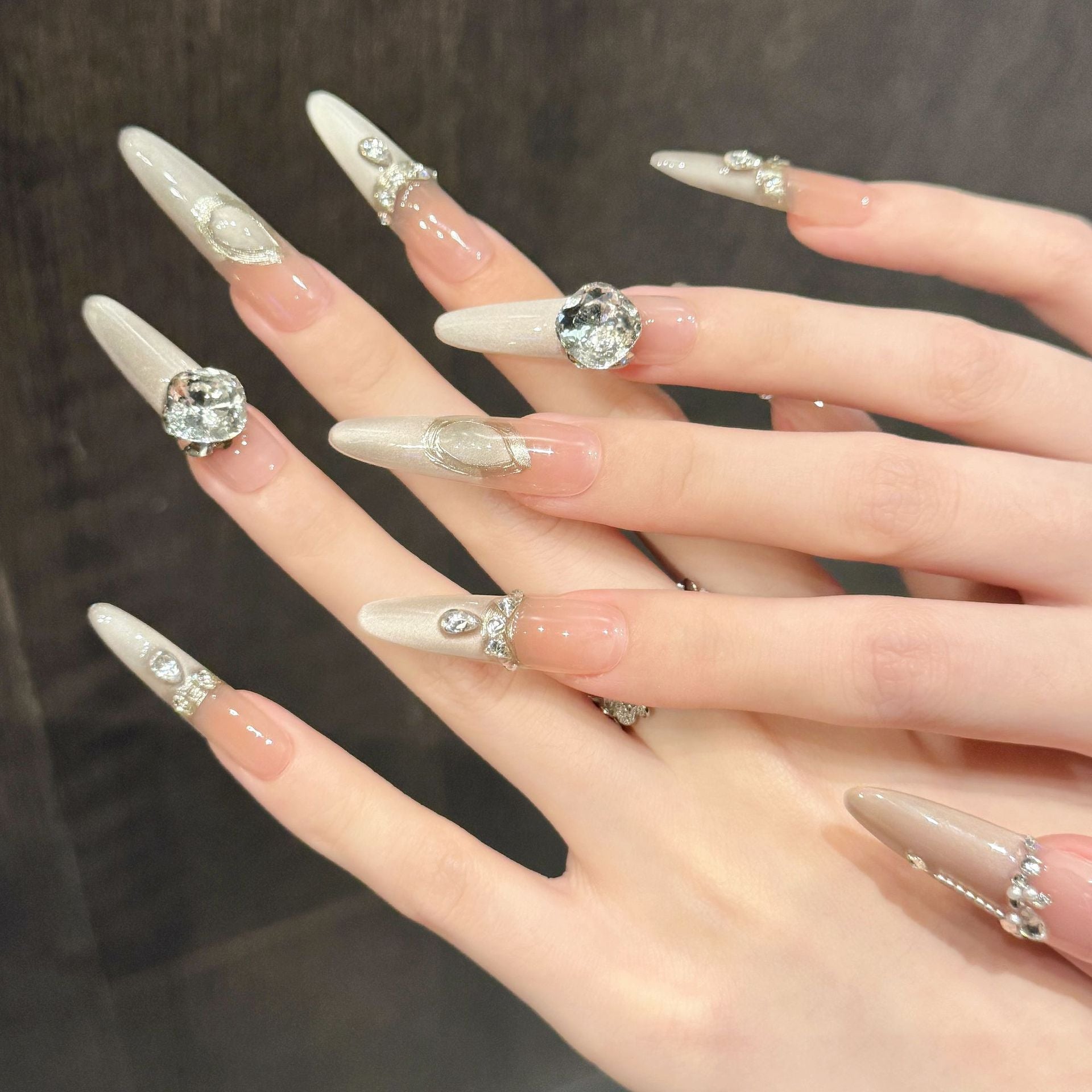 365nails: "Elegant Awakening" – 3D Crystal & Cat Eye Stiletto Nails