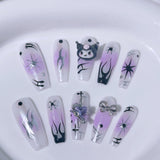 Y2K Press-On Nails with Purple Flames and Cute Kuromi Charm
