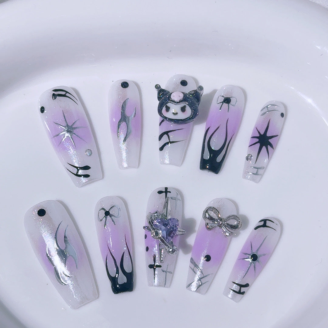 Y2K Press-On Nails with Purple Flames and Cute Kuromi Charm