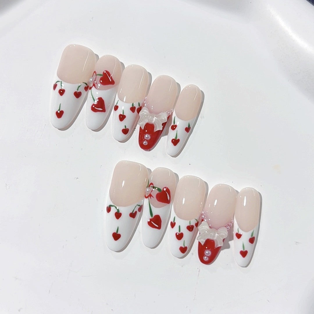 365nails-Cherry Sweet: "Cherry Bow" – Square Handmade 3D Carved Press-On Nails