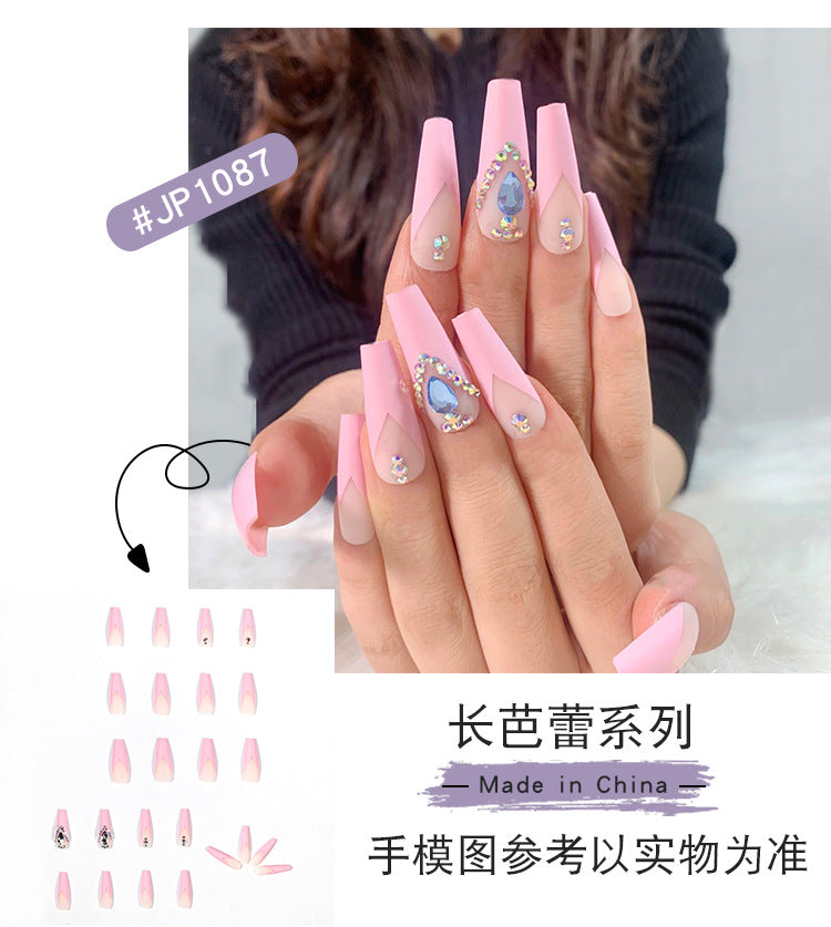Balé francês longo com strass azul, linha ondulada, pequena flor preta, para manicure, fornecimento direto, patch 365nails