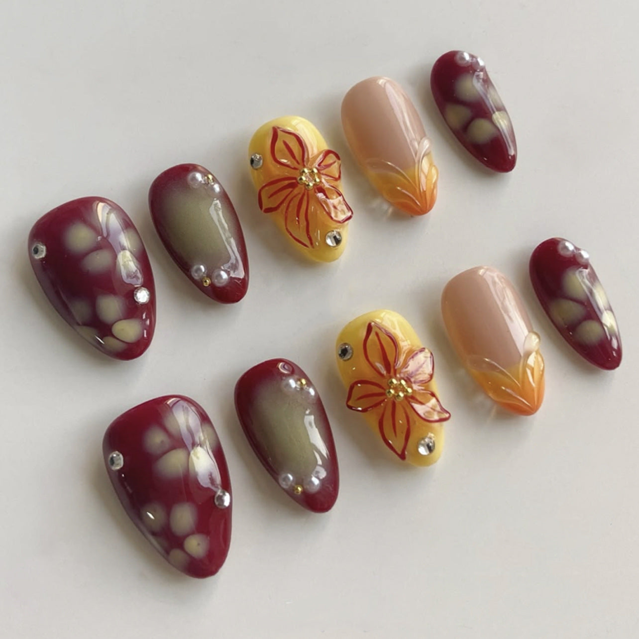Popular short almond 3D three-dimensional flower multi-color press-on nails