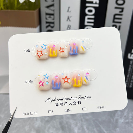Handmade Press-on Nails Finished Nail Patch Cute Star Graffiti Short Nail Patch Detachable Wearable Nail Patch｜365nails