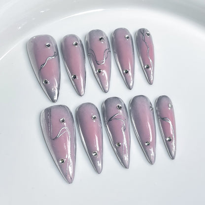 Handmade Press-on Nails Sweet Cool Spice Girl Blush Nail Metal Style  Long Tip Nail Patch Wholesale｜365nails