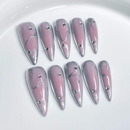 Handmade Press-on Nails Sweet Cool Spice Girl Blush Nail Metal Style  Long Tip Nail Patch Wholesale｜365nails