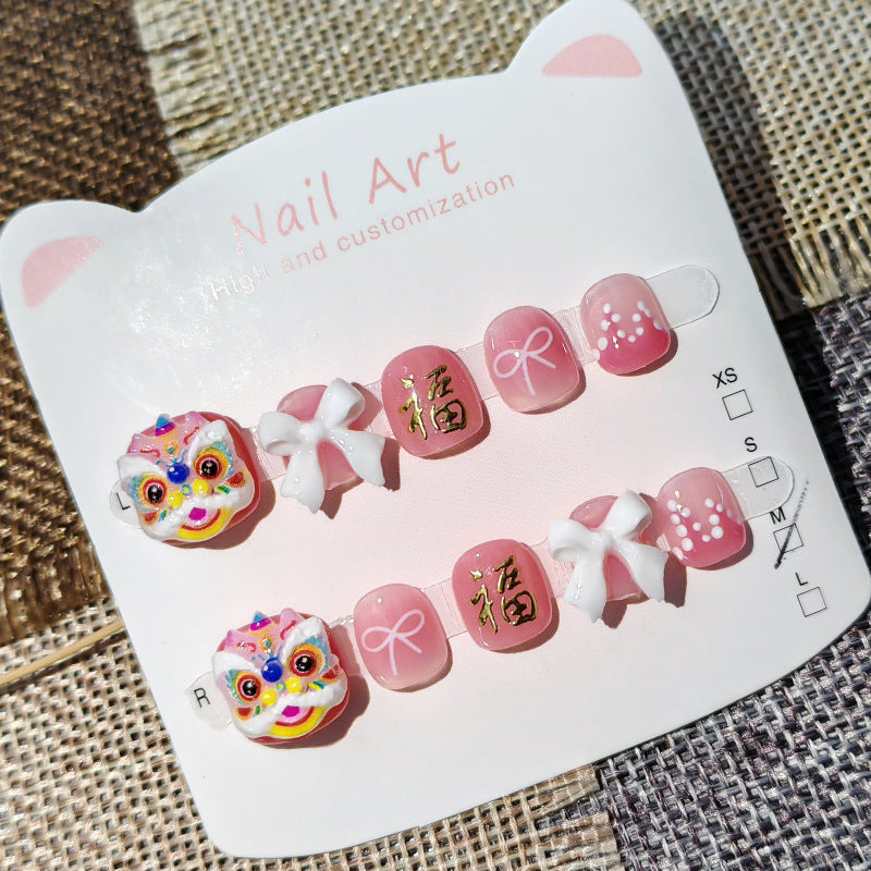 365nails: "pink lucky lion dance" – short round handmade kids press-on nails
