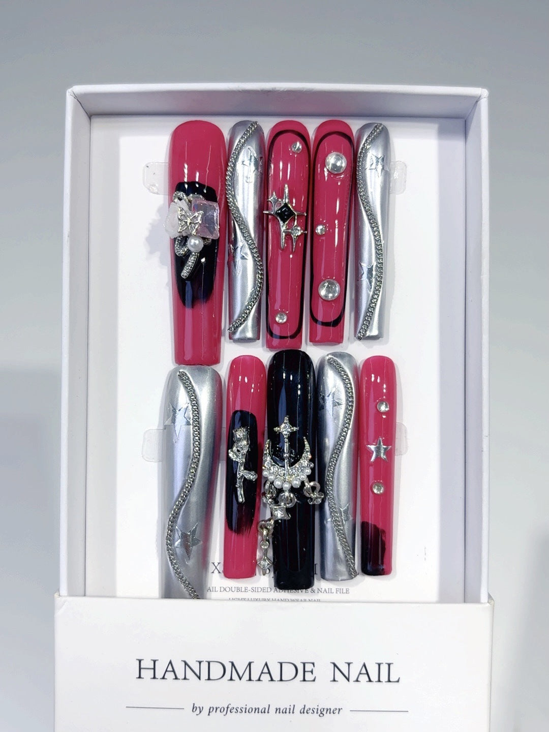 Red Silver Metallic Cross Statement Press On Nails