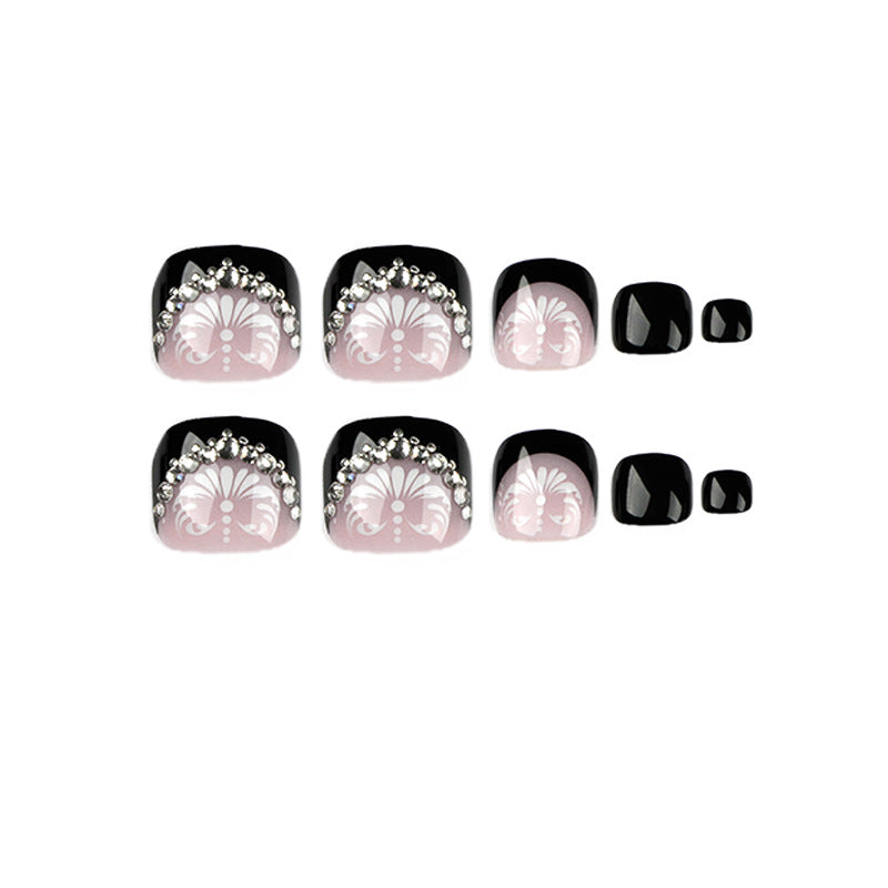 도매 블랙 프렌치 발톱 화이트 플라워 장식 라인스톤 완성 인조 발톱 패치 ｜365nails
