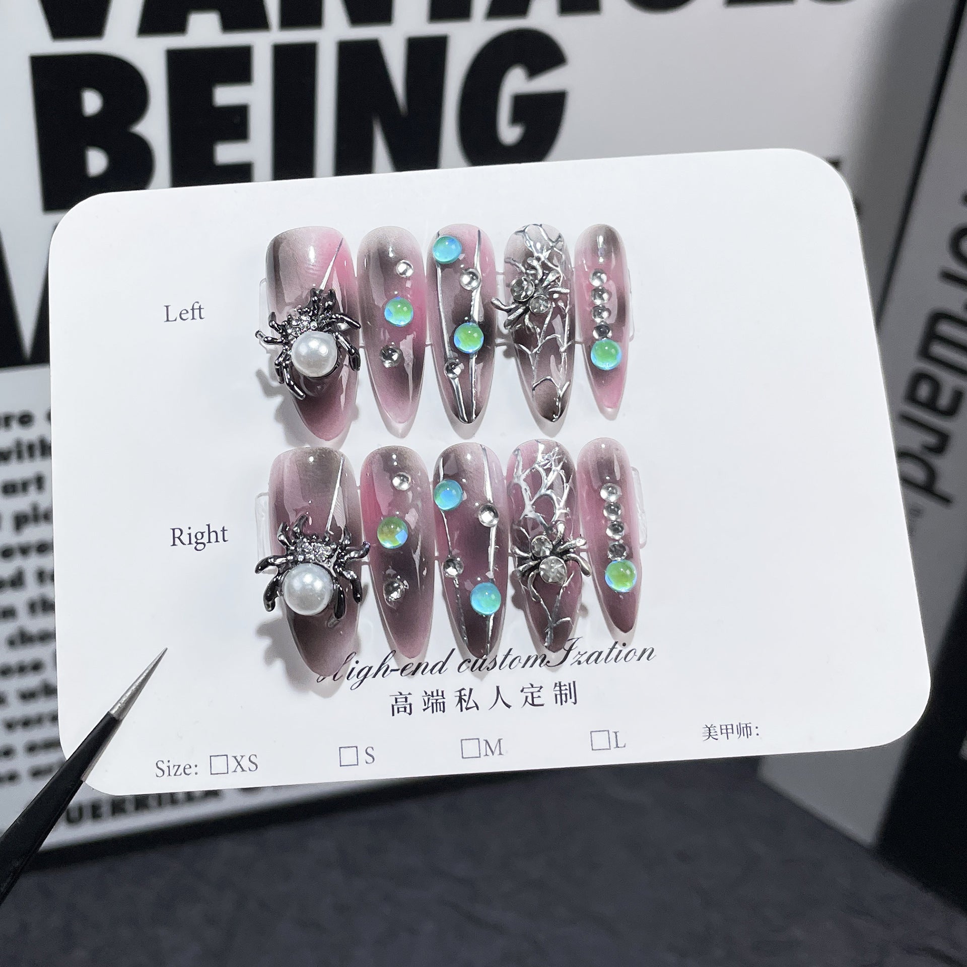 Adesivo de Halloween para unhas postiças feito à mão, estilo escuro, nicho de aranha, médio e longo, remendo para unhas, 365nails