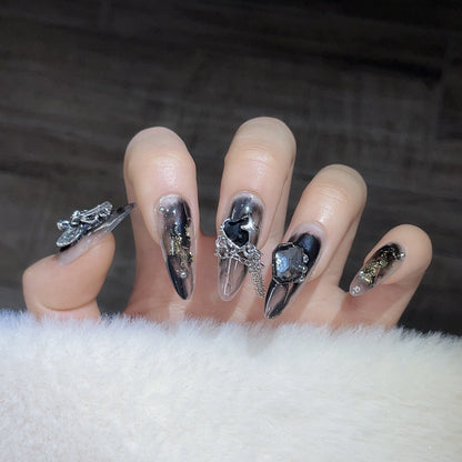 handmade press on nails Dark Sweet Cool Heavy Metal Feeling  Spice Girls Black Retro Rose Removable Nail Art | 365nails