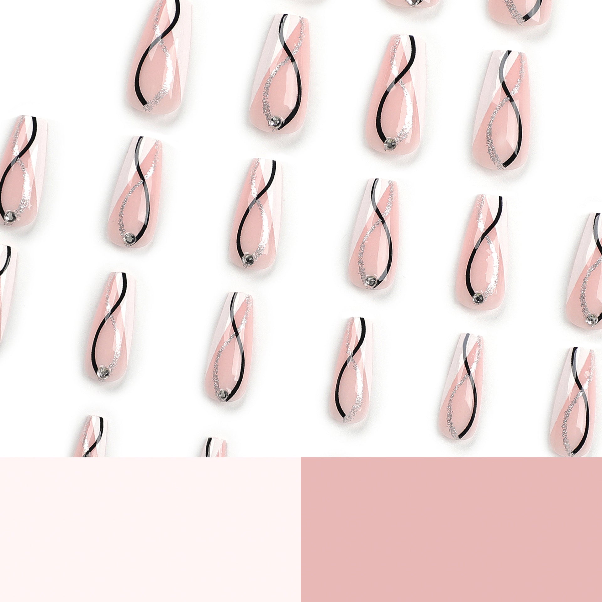 Silver glitter point drill press-on nails wholesale white splicing black line nail piece press on nails｜365nails