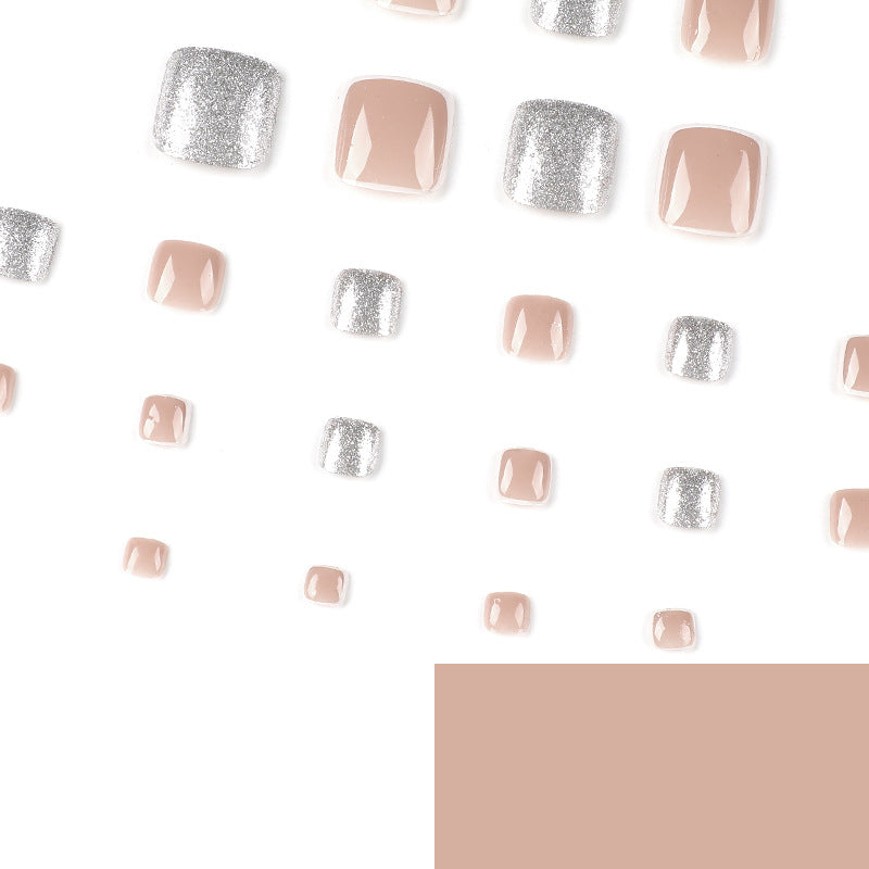 Producto terminado al por mayor Parche para uñas de los pies con purpurina plateada francesa con borde blanco nude Arte de uñas ｜365nails